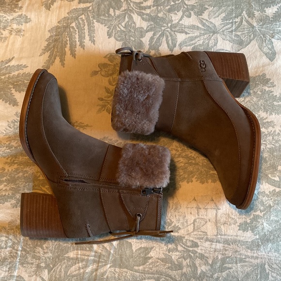 EUC UGG Kirke Shearling-Trimmed Leather & Suede Zip Up Ankle Boots - Picture 8 of 12